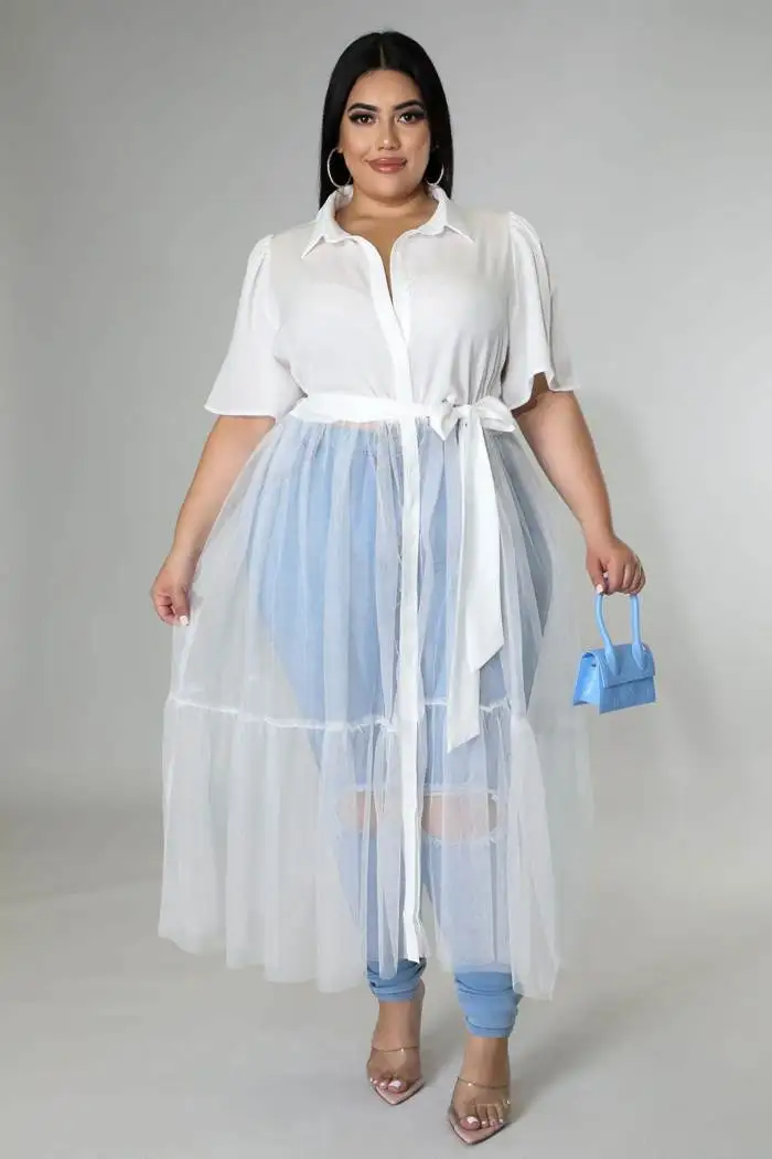 Spring  plus Size Long Blouse Ladies irt Fat Women High Waist  Ne Polyester Fiber A-Line Dr Commute Sle