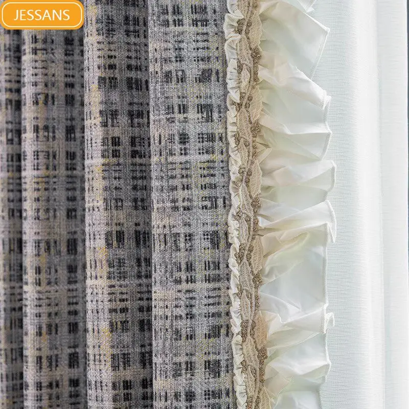 French Retro Plaid Linen Jacquard Blackout Curtains for Living Room Bedroom Customized French Window Partition Curtain
