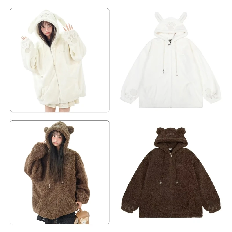 Women Harajuku Bear Rabbits Ear Hoodie Fleece Jackets Zippered Oversized Faux Lamb Wool Outerwear Sweatshirt with Pocket