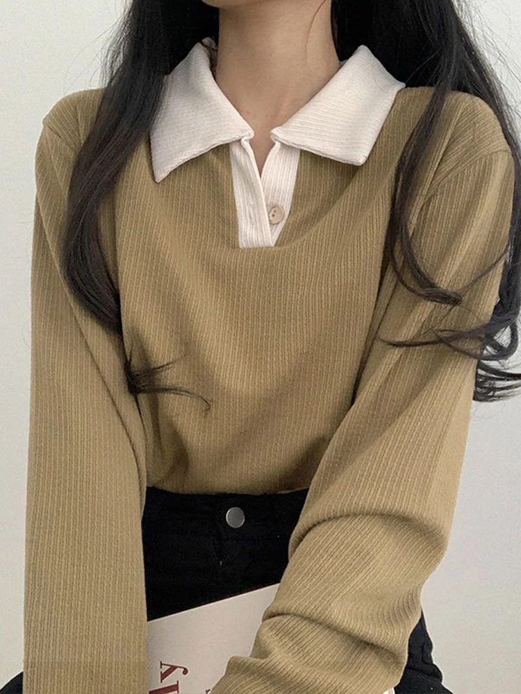 

Женская футболка с отложным воротником и длинным рукавом, в Корейском стиле