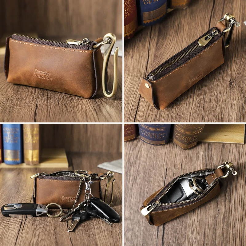 New Fashion Korean Version Crazy Horse Leather Multi Functional Anti RF Car Remote Control Key Storage Key Bag Coin Purse Holder