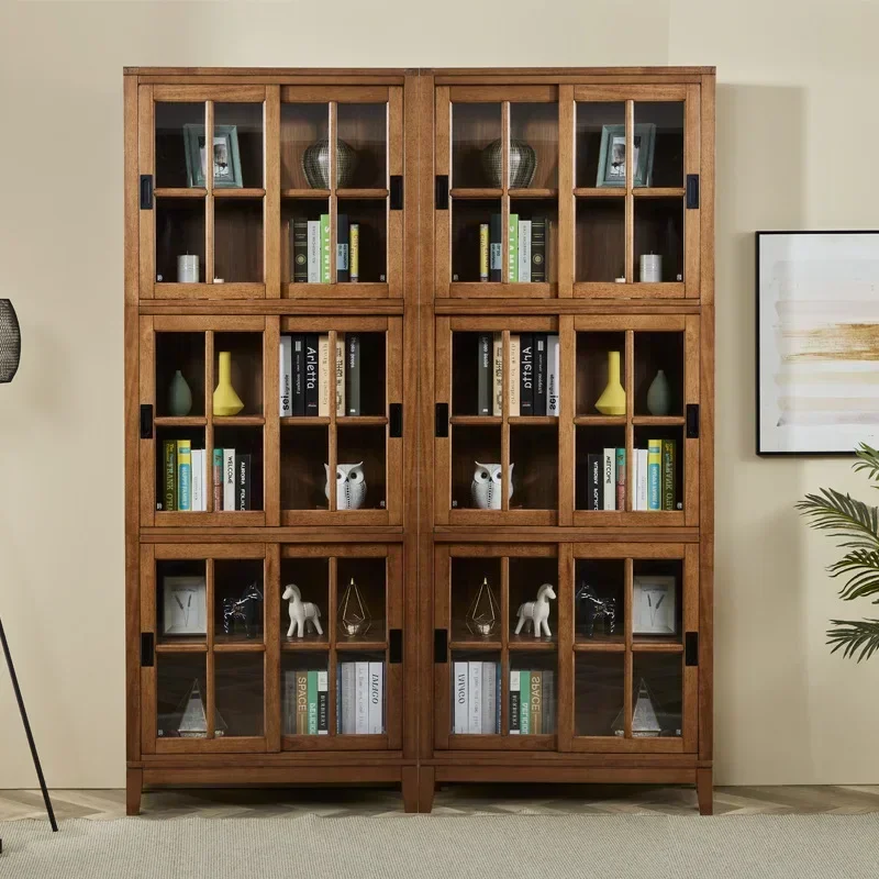 American Solid Wood Bookcase Glass Door Household Bookshelf Dustproof Study Floor Wall Locker Modern Simplicity Western Style