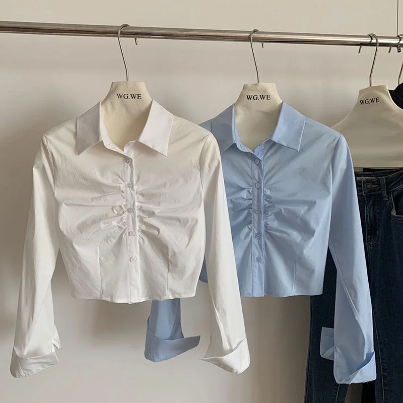 

New High-end Irregular Pleated Shirt Versatile Design Niche Temperament Trendy Long-sleeved Top