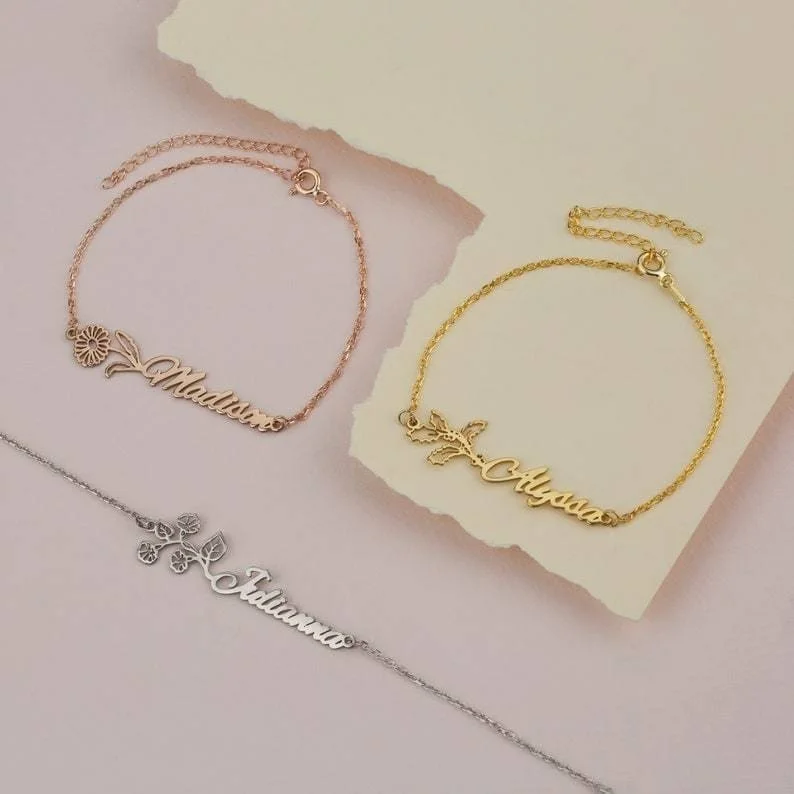 Stainless Steel Custom Birth Month Flower Name Bracelet Pendant Personalized Nameplate Bracelets Women Christmas Gifts