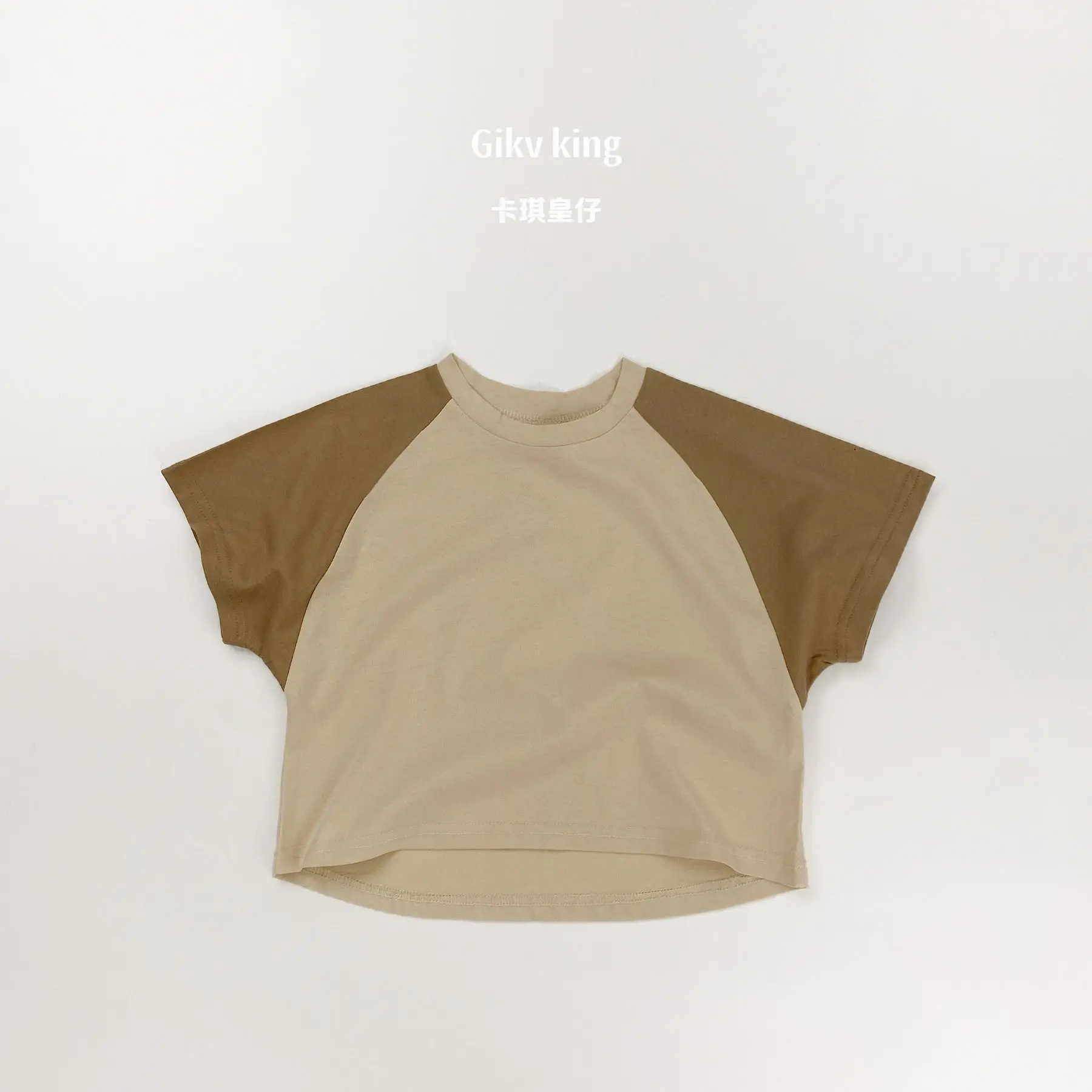 Spring and summer children's contrasting raglan short sleeved T-shirt Korean simple and versatile pure cotton half sleeved top
