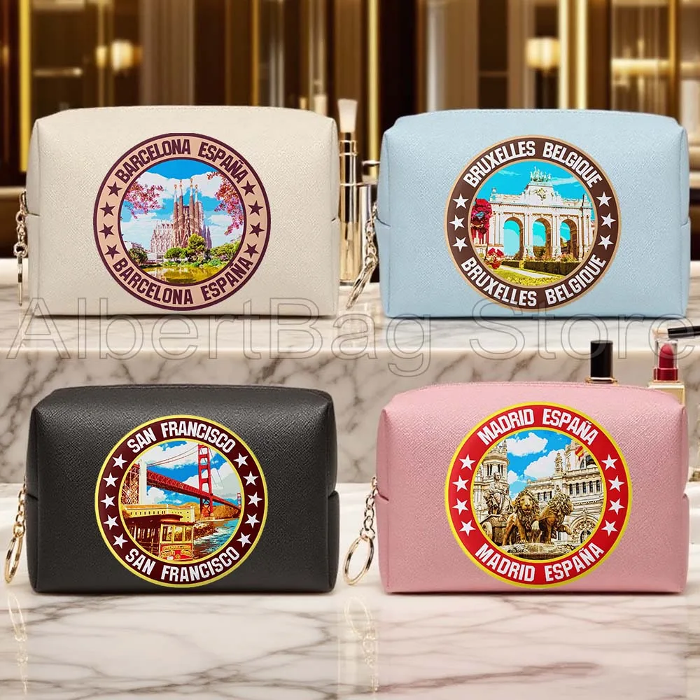 

Barcelona Madrid Brussels Los Angeles San Antonio City Emblem PU Blue Cosmetic Bag Makeup Case Waterproof Toiletry Storage Bag