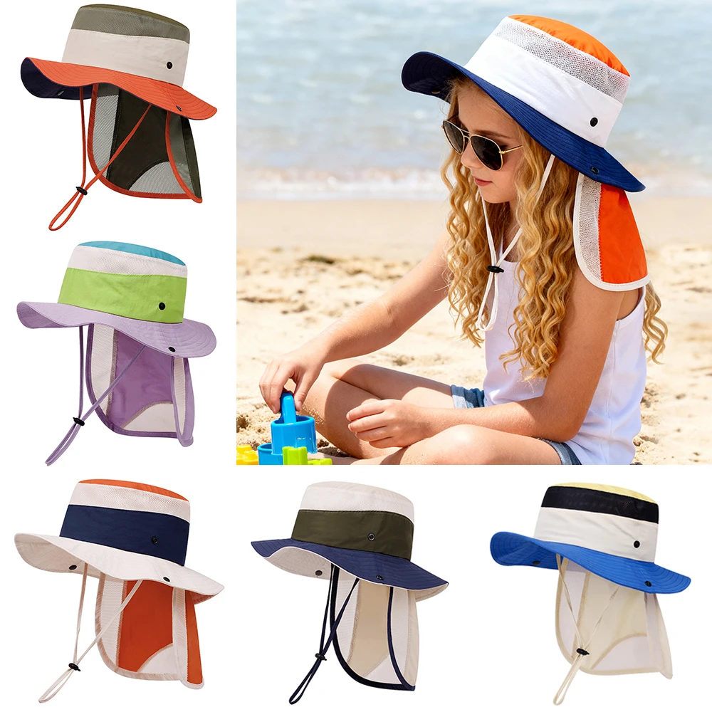

Summer Children Bucket Hat with Shawl Quick-dry Kids Sun Hats Neck Protection Child Panama Cap for Girls Boys Beach Travel 4-10Y