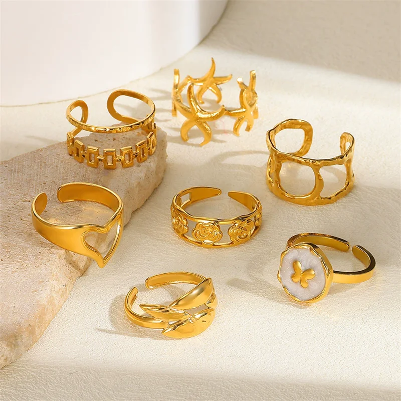 EILIECK 316L Stainless Steel Waterproof Open Ring Personality Charms PVD Real 18K Gold Plated Trendy Jewelry for Women Fashion