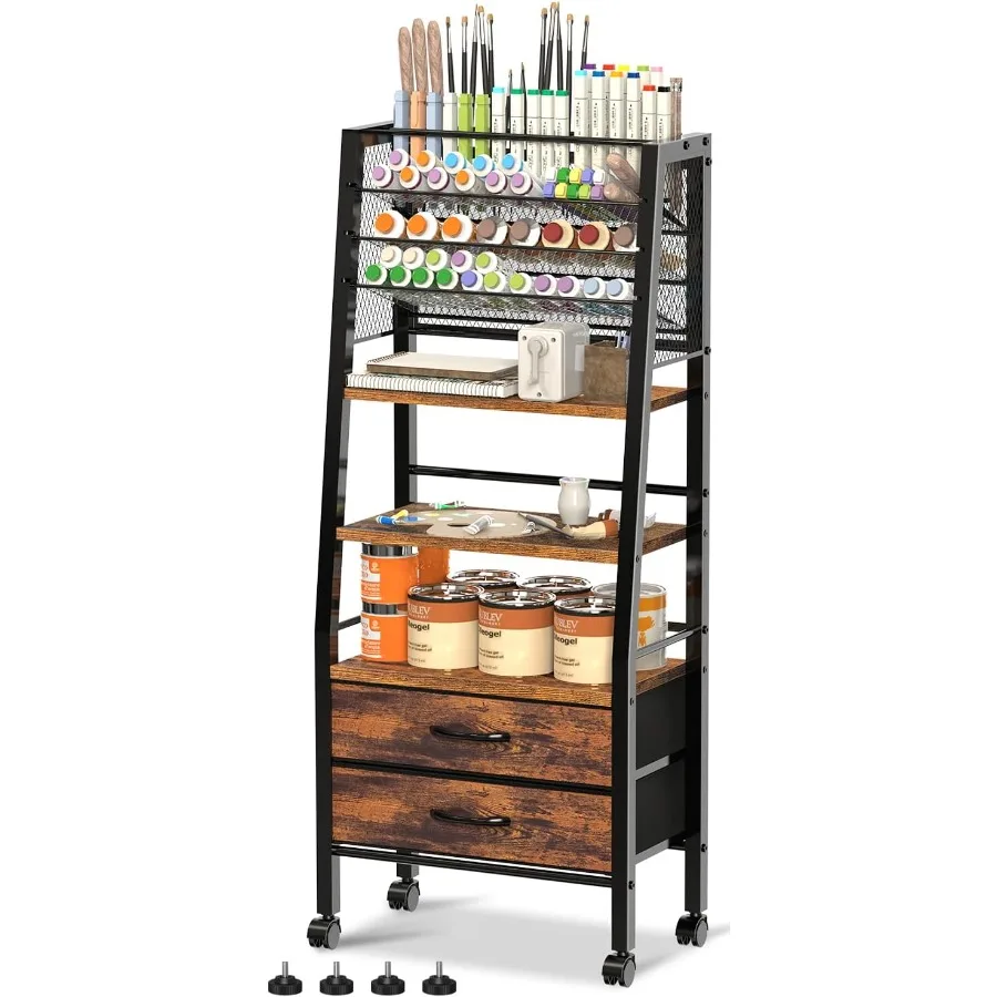 

3-Tier Art Cart with Drawers and Lockable Wheels for Efficient Storage of Craft Supplies Brushes Paints and Small Parts Rustic