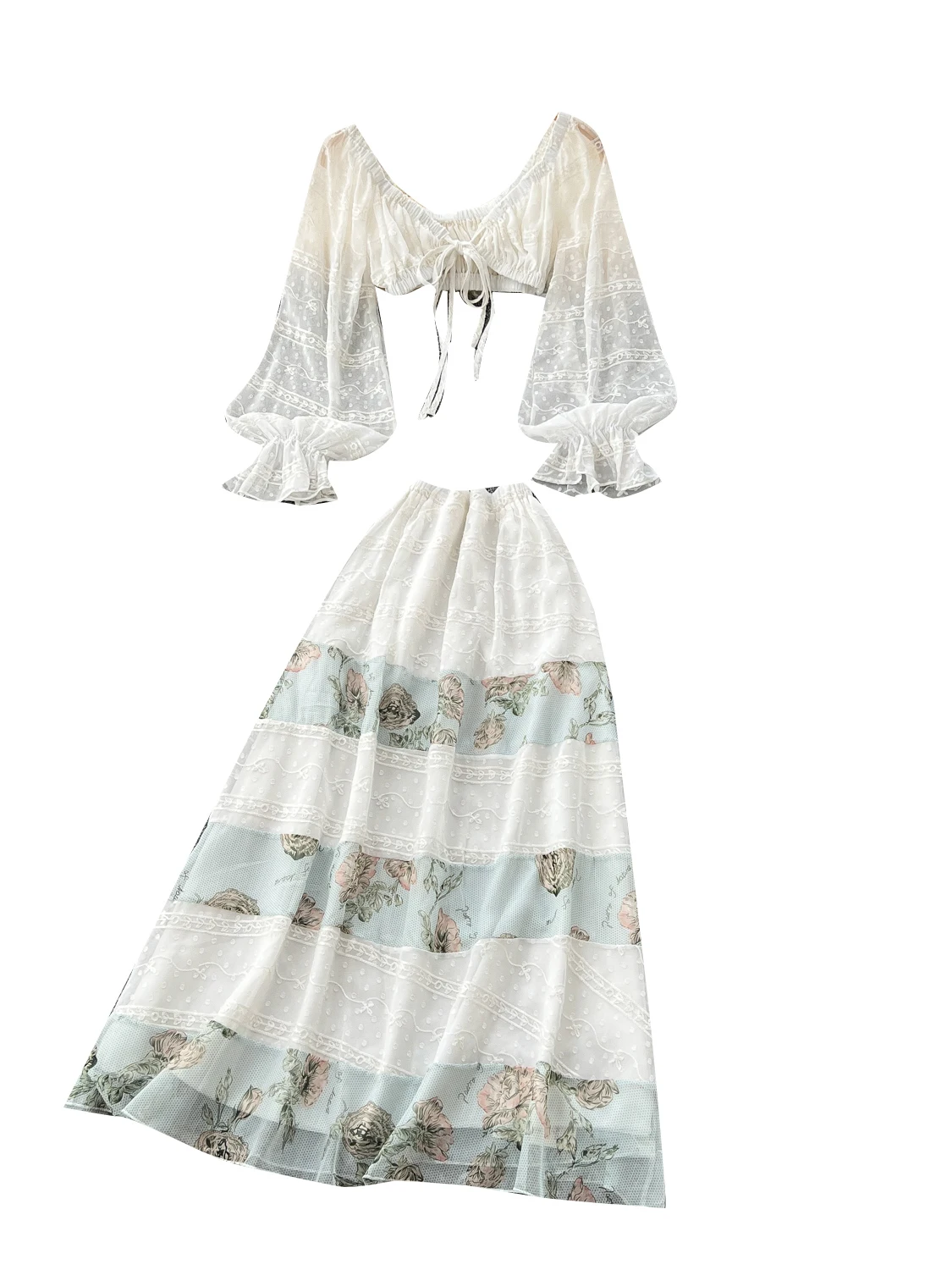 Hoch taillierter Chiffon-F-Rock mit Blumendruck und Bauchnabel-Belichtung, langes Sve-Überzug-Set für Damen für den Sommerurlaub