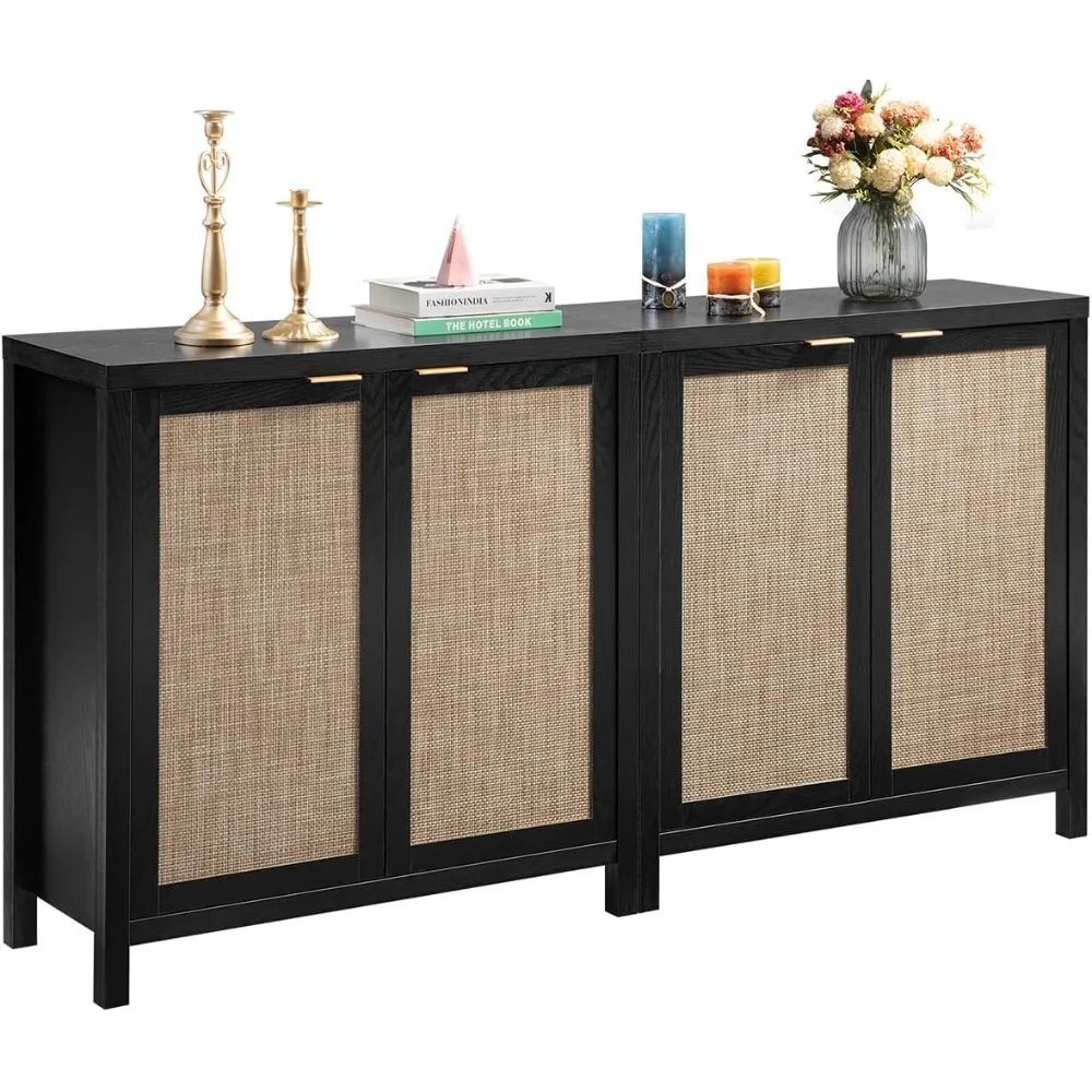 Sicotas ตู้เก็บของแบบบุฟเฟต์ตู้เก็บของสไตล์โบโฮหวาย Credenza ห้องครัวบาร์กาแฟตกแต่งด้วยหวาย-เน้นเหล้า