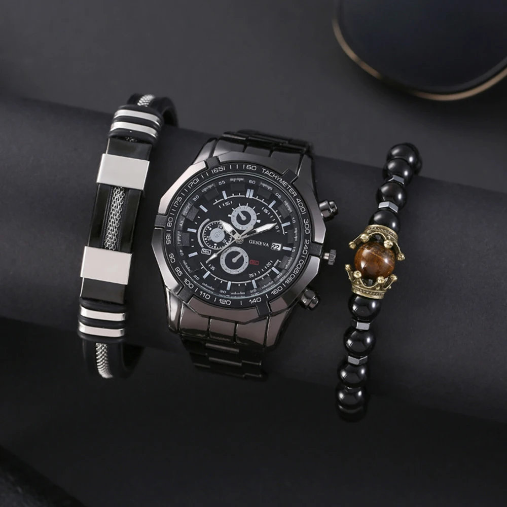 Reloj de pulsera de cuarzo para hombre, accesorio masculino de marca superior de lujo, en acero dorado y negro, estilo militar, de negocios, 3 piezas con caja