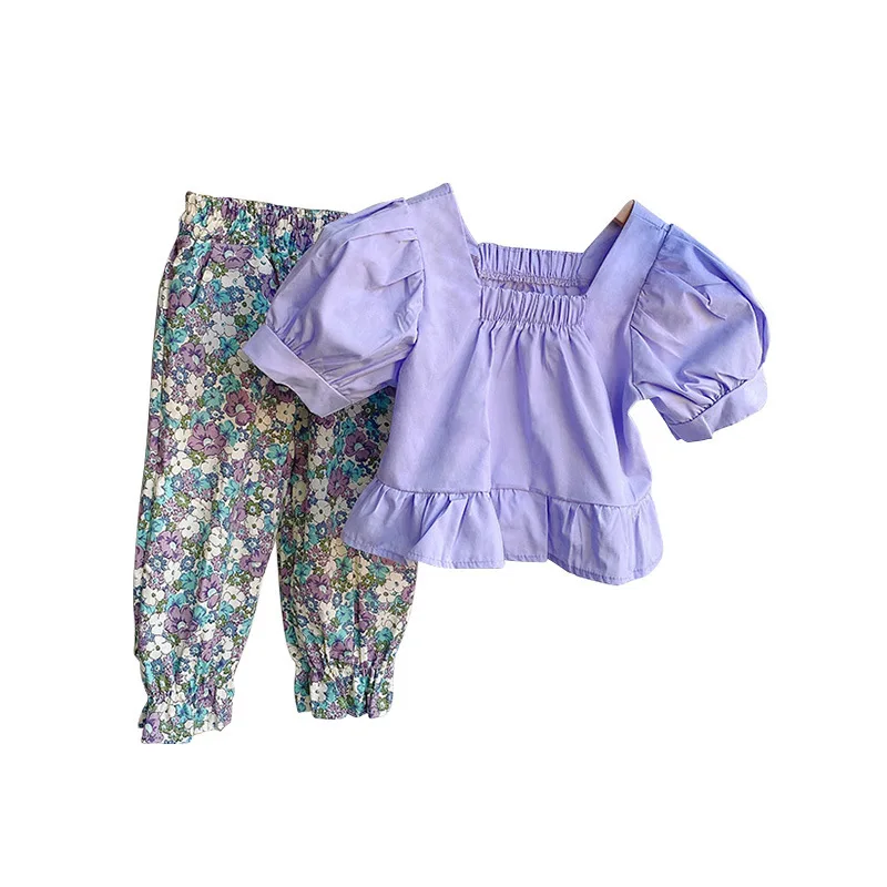 2024Summer Clothing New Girls' Short-Sleeved Top+Anti-Mosquito Pants Two-Piece Cotton Flower Trousers Children's Suit-WSNY