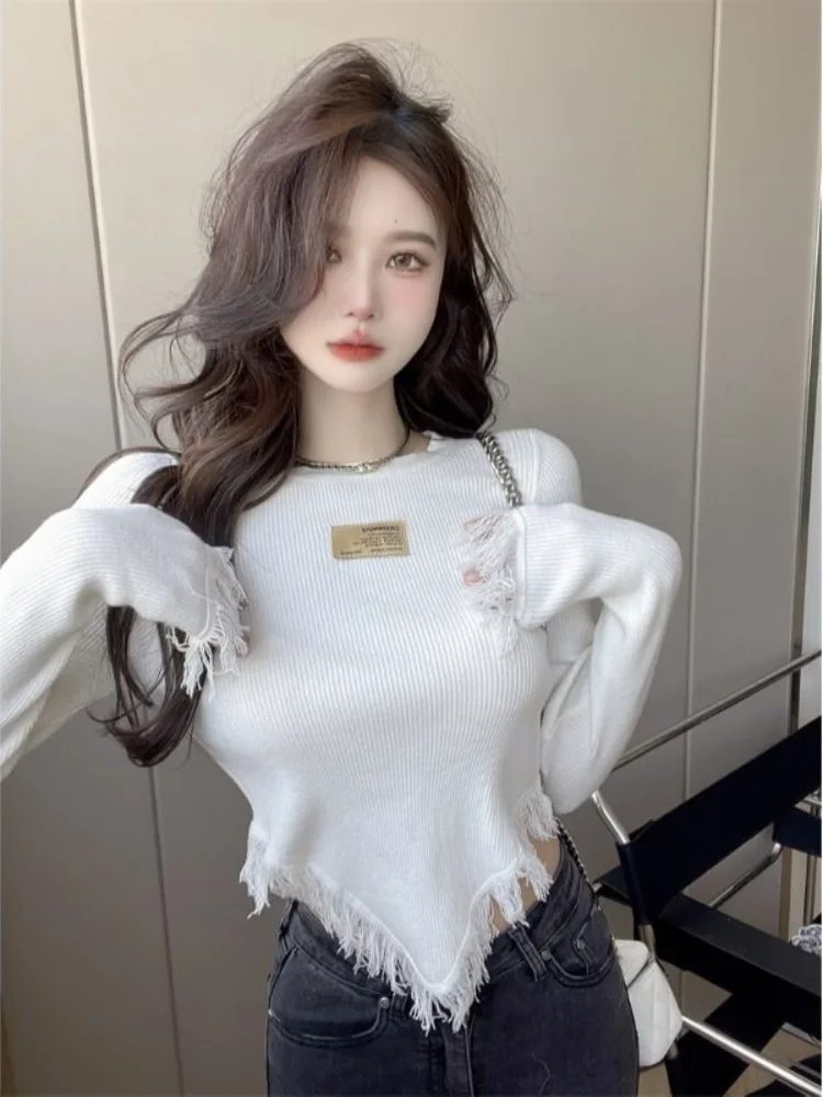 Top Female Spring Autumn Fringe Crop Irregular White New in Knitwears Women's Long Sleeve T-shirt Elastic High Quality Nylon Xxl