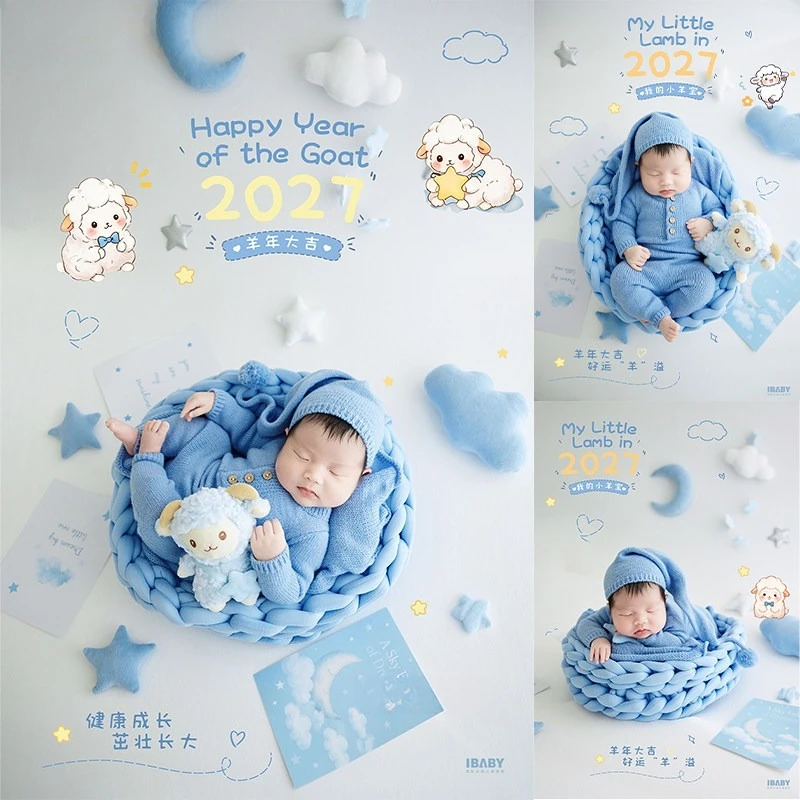 新生児写真撮影用小道具-かわいいブルーのテーマ-手作りニット衣装-ポーズ用バスケット-羊人形の装飾-ベビースタジオ写真撮影用