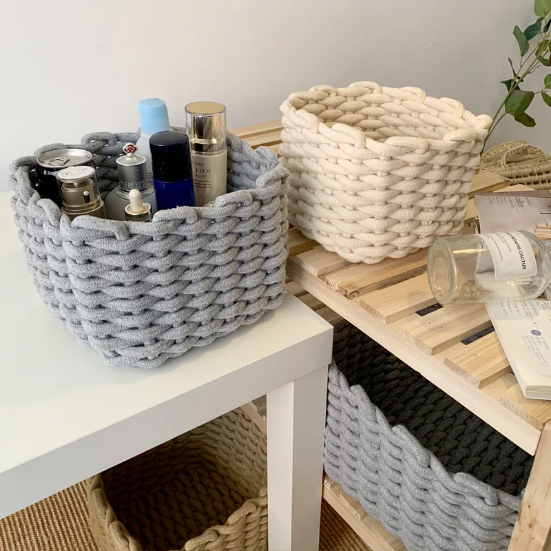 Nordic Cotton Line Hand-woven Storage Basket Coarse Rope Simple Desktop Organizer Box Baby Toy Snack Key Cloth Cosmetic Sundries