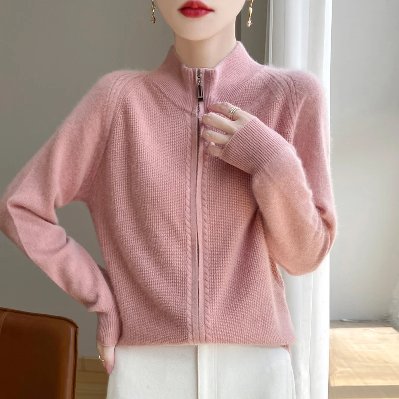 Autumn and winter new 100% pure wool cardigan women\'s semi-high collar thickened loose fashion solid color coat cashmere sweater