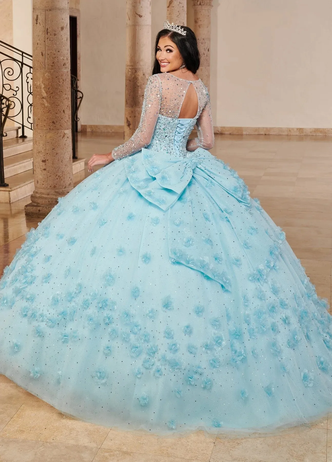 Vestidos de Quinceañera de Charro azul cielo, vestido de baile de manga larga, flores de tul con cuentas hinchadas, vestidos dulces de México 16, 15 años