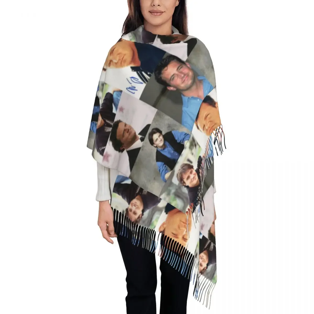 Matthew Perry Collage Scarf for Women Winter Fall Cashmere Shawl Wrap Friends Large Scarves with Tassel for Evening Dress