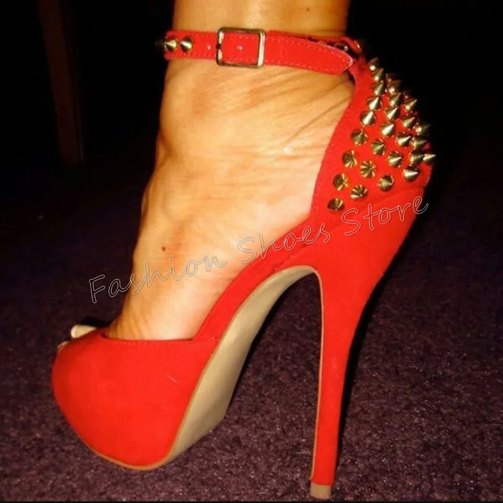 

Red Peep Toe Rivet Decor Sandals Ankle Buckle Stilettos High Heels High Heel Shoes for Women Heels 2025 New Zapatos Para Mujere