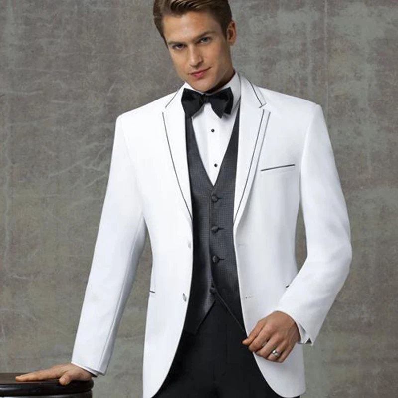 

White Notched Lapel Wedding Men Suit Grooms Tuxedos 3 Piece Slim Fit Men Suits Groomsmen Suit