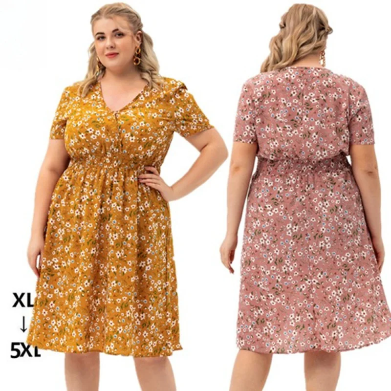 

2024 European and American plus Size Women's Clothes Summer New Short Sleeve Printing Dress Direct Wholesale