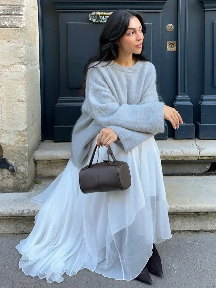 

Повседневный серый вязаный пуловер с начесом, женский модный свободный свитер с круглым вырезом и длинными рукавами, 2025 г., женский шикарный зимний уличный многослойный топ