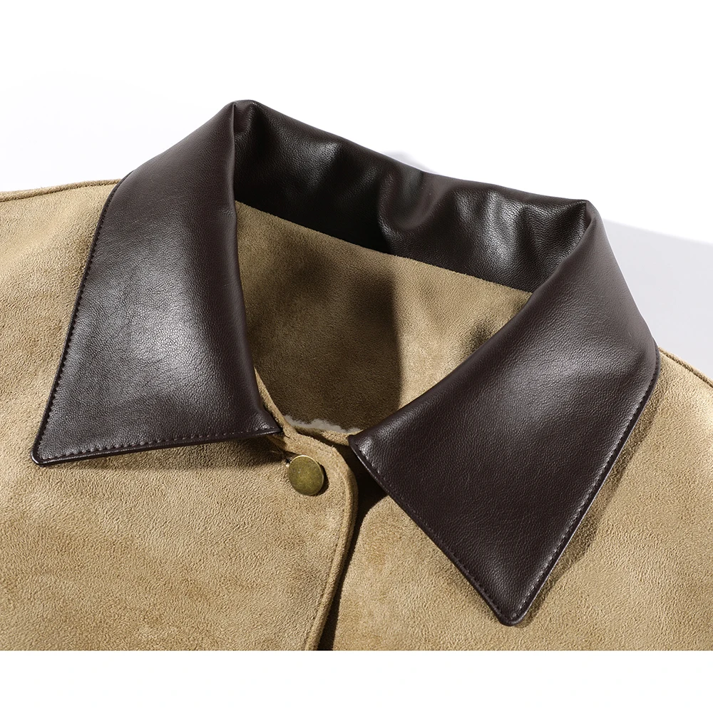 سترة نسائية من جلد الغزال مع بطانة شيرلينغ صناعية كبيرة الحجم معاطف شتوية 2024 ملابس خارجية جديدة من الصوف الدافئ طراز عتيق