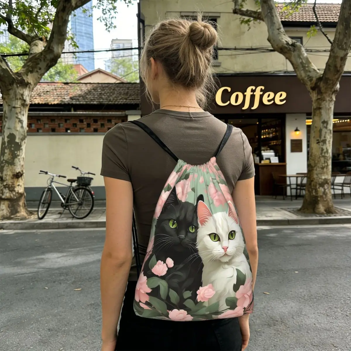

Cartoon Black White Cat Print Backpacks Portable Drawstring Bags Sports Bag Book Bags for Man Woman Students