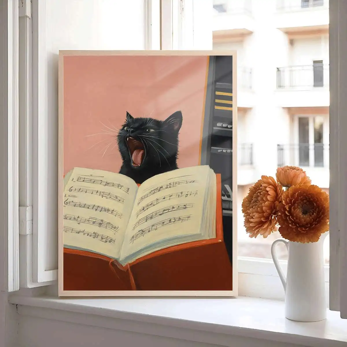 Vintage Singing Black Cat Music Sheet Canvas Poster Wall Art,2D Print Decor,Aesthetic Gift