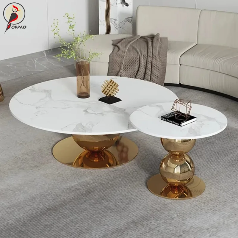 طاولة قهوة فاخرة خفيفة من الفولاذ المقاوم للصدأ، طاولة زاوية بحافة بلاطة صخرية رخامية عالية ومنخفضة #2