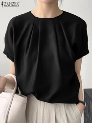 ZANZEA Elegant Office Pleated Top 2024 Summer Women Cotton Short Sleeve Blouse Peplum Blusas Round Neck Tunic Casual Loose Shirt