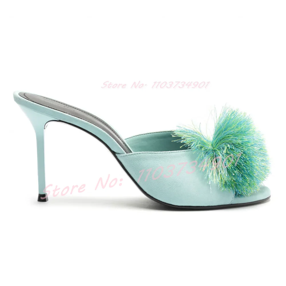 Fluffy Ball Round Toe Flock Slippers Female Elegant Thin High Heels Shoes Ladies Comfortable Casual Fashion Nifty Sexy Mules