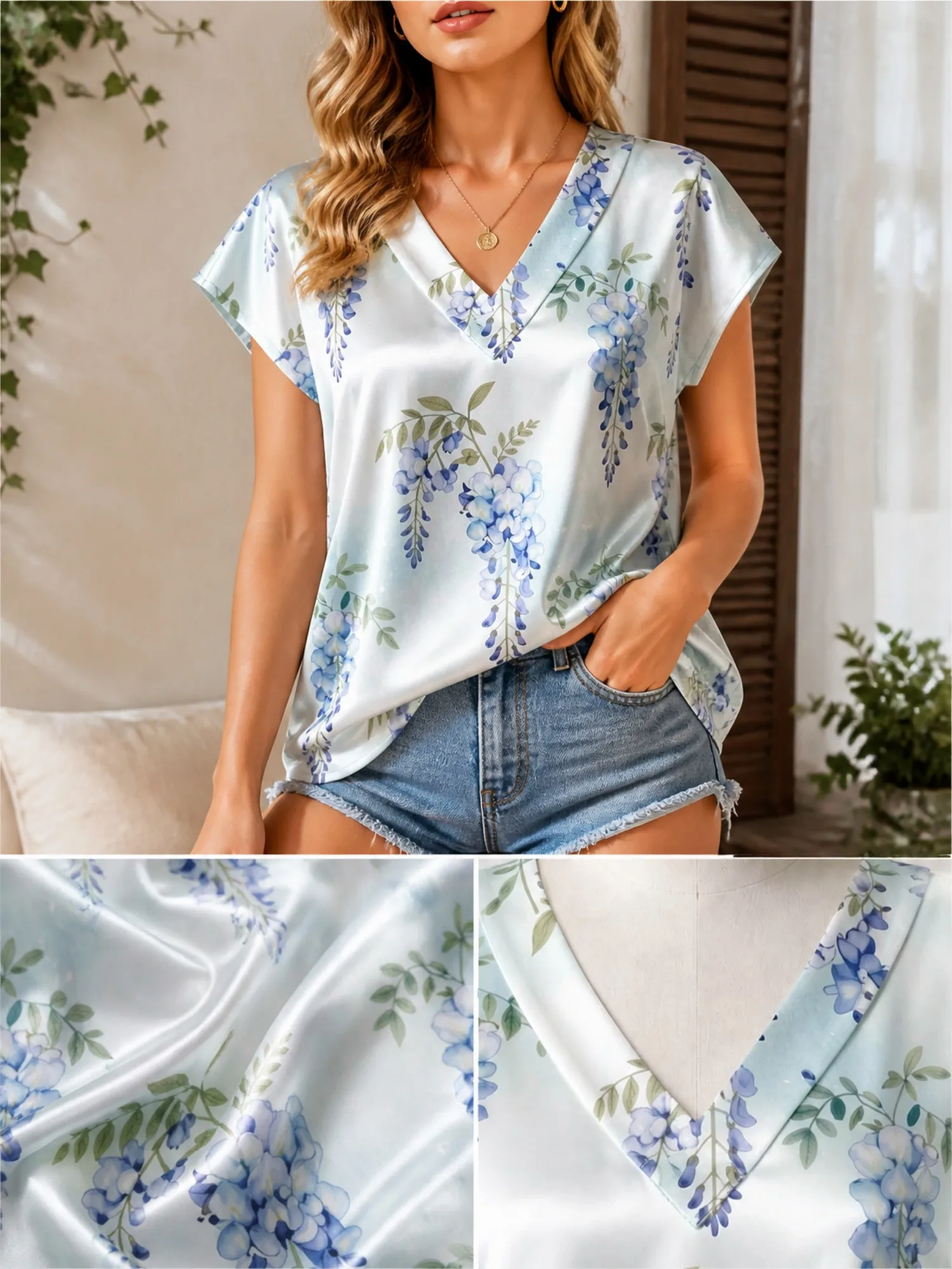 Floral Satin V Neck Top for Women Cap Sleeve Smooth Draped Fit Silky Travel Cafe Leisure Wear Lightweight Breathable Lounge Glam