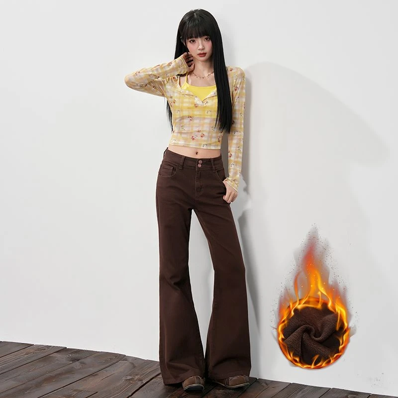 

ZHISILAO новые зимние коричневые расклешенные джинсы женские винтажные повседневные узкие джинсовые брюки с высокой талией Y2K уличная одежда 2025