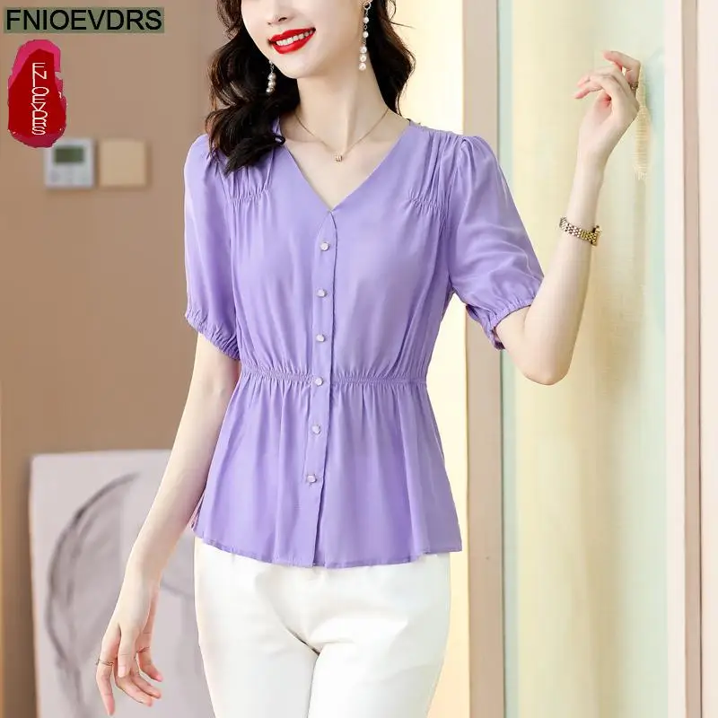 V-Hals Paarse Tops Japan Meisjes Nieuw Ontwerp Vrouwen Zomer Korte Mouw Schattige Sweet Effen Knoop Slanke Taille Peplum Shirts Blouses