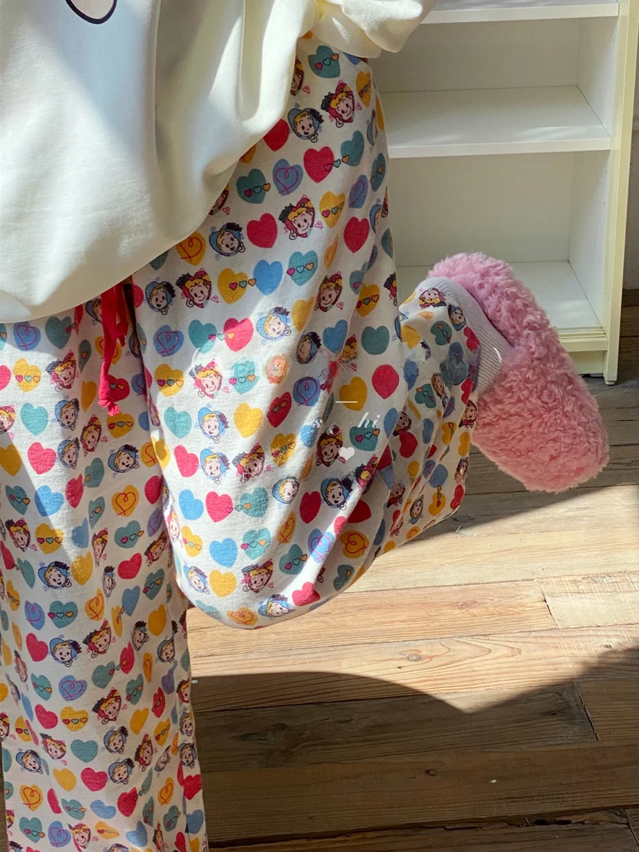 

Korean Sle Pure Cotton Flannel Long Pants Spwear Home Clothes Women's Loose Fit Cartoon Print Comfortable Summer Autumn