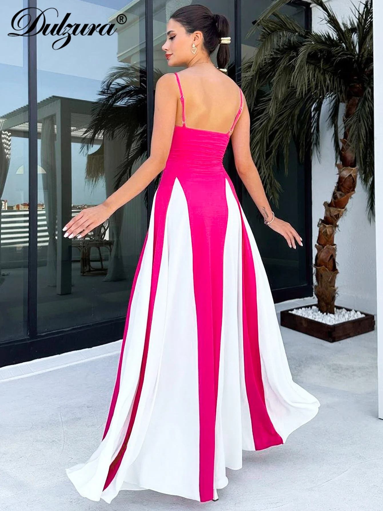 Dulzura Plooien Patchwork Mouwloze Cami A-Lijn Maxi Jurk Sexy Strapless Lange Jurk Feest Club Streetwear Voor Dames Herfst