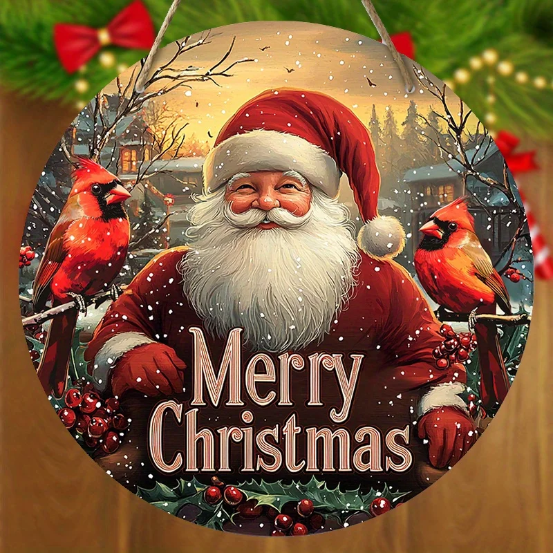 Kindly Santa Claus Classic Cardinal Wooden Sign Merry Christmas Wreath Sign for Front Door Wall Hanging Decor Ideal Christmas