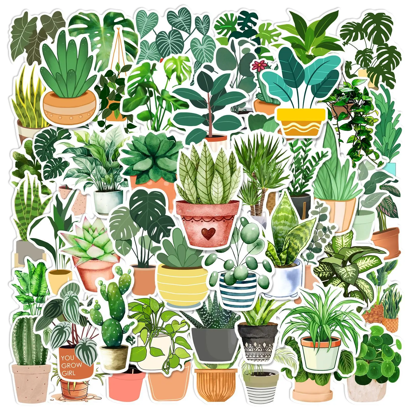 

50PCS Succulent Green Plant Flowers Hand-drawn Style Cartoon Image Decorative Laptop Suitcase Guitar Waterproof Sticker Kids Toy