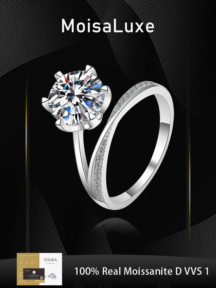 

MoisaLuxe Official Store GRA Moissanite Plata Sterling 925 Silver Women's Six-claw 3-carat Personality Fashion Ring Love gift