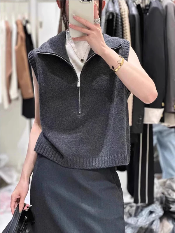 Slimming Effect Half-Zip Sleeveless Knitted Vest Casual Loose Autumn Winter Base Shirt Trendy Layering Top for Women