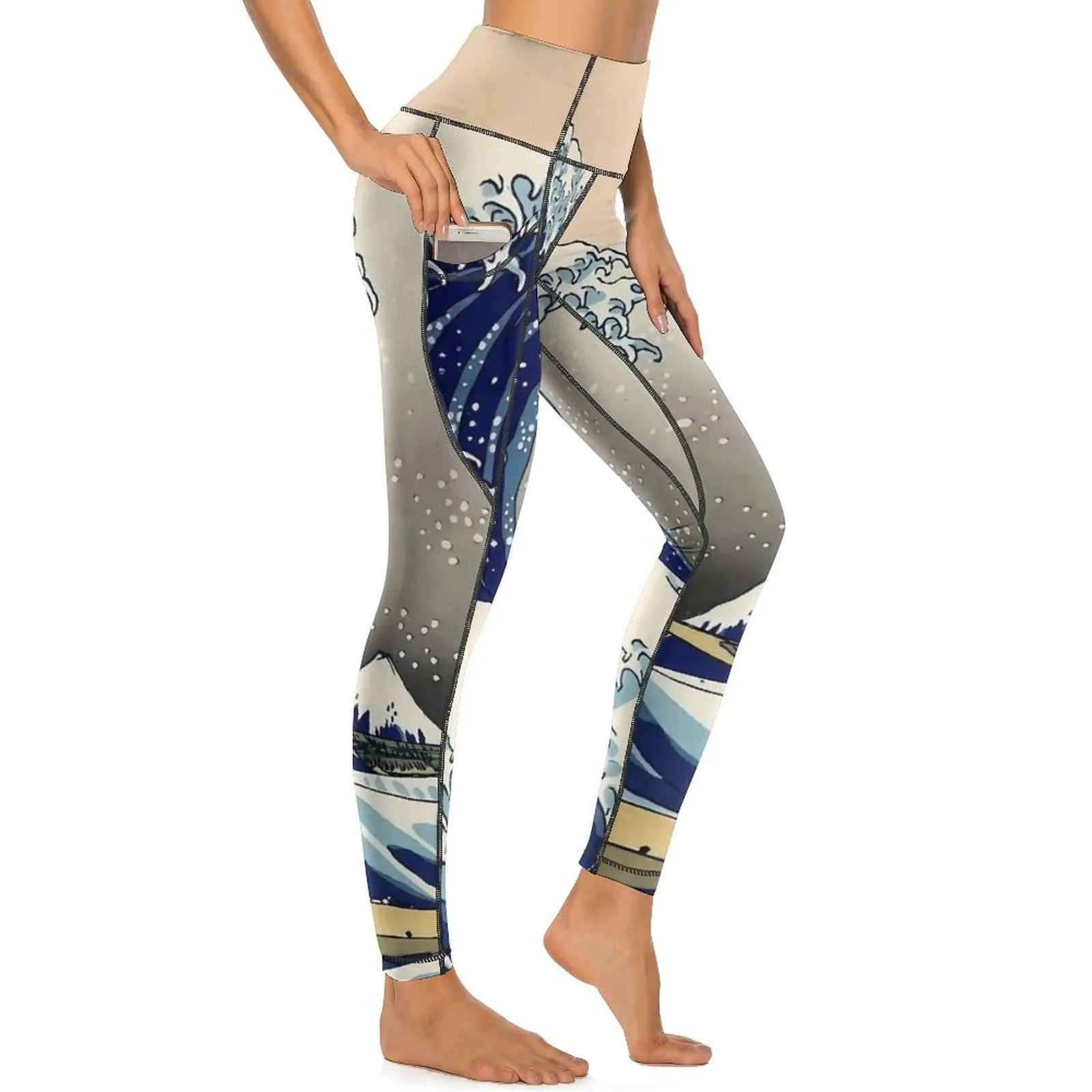 Geweldige golfprint yogabroek met zakken leggings sexy hoge taille retro yoga sportlegging sneldrogend ontwerp workout leggings