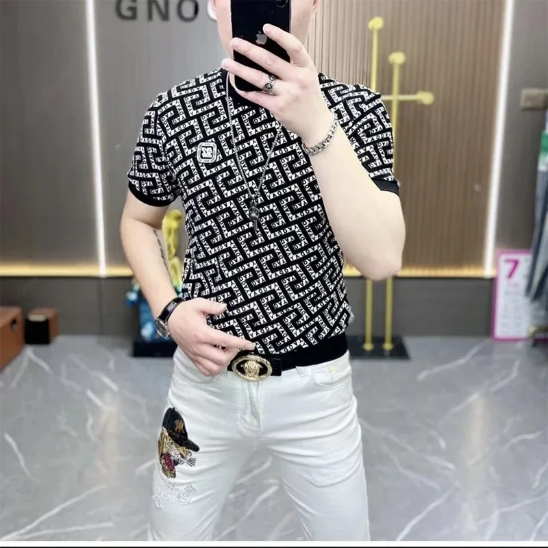 Summer T Shirt Men Casual T-Shirt Geometric Printed O-neck Tops Tees Mesh Breathable Streetwear Social T-shirts Men Clothing