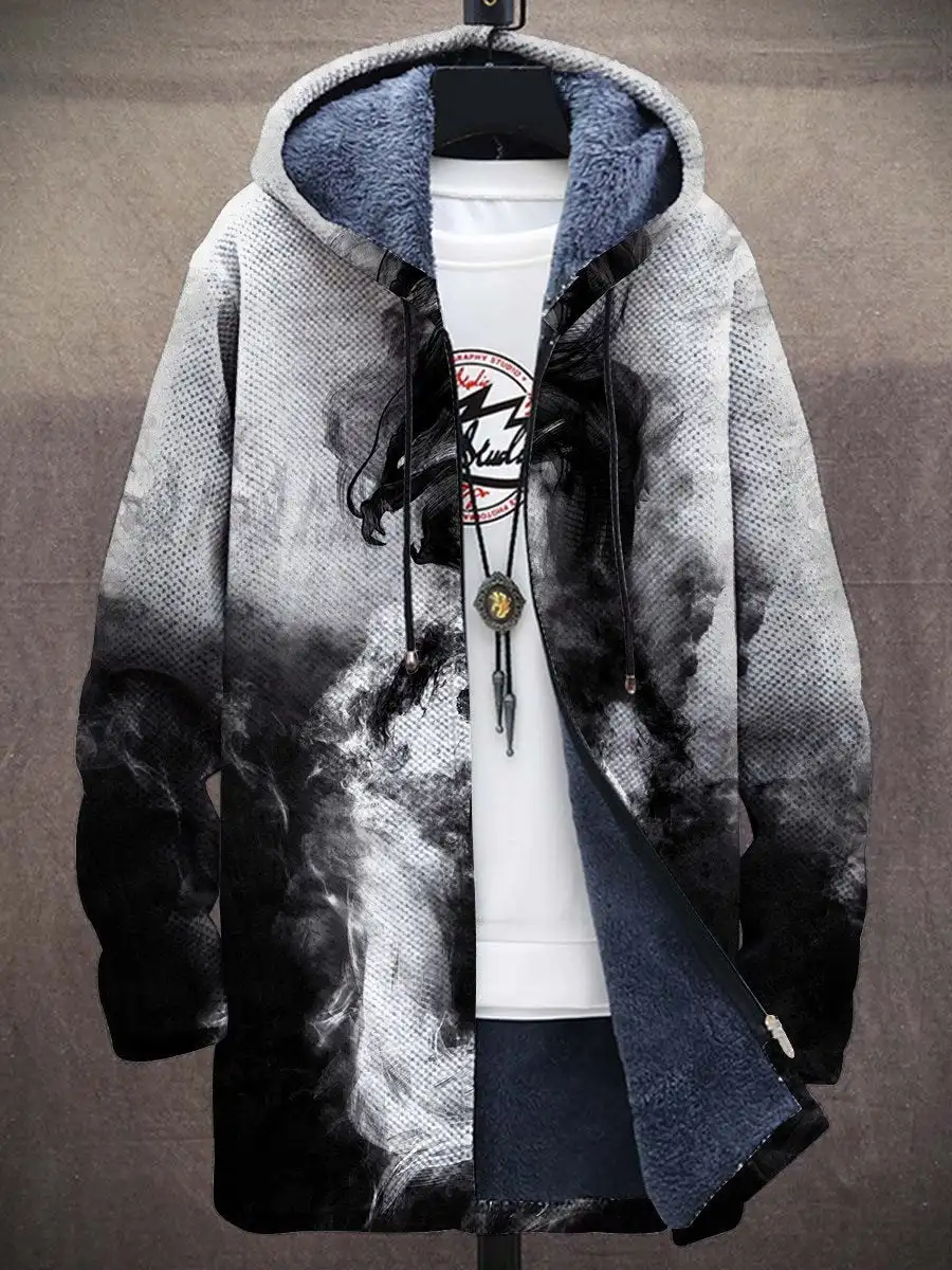 Watercolor Art Pattern 3D Printed Men's Plush Thick Long-Sleeved Sweater Cardigan Coat Winter Casual Warm Zipper Jacket HRD18