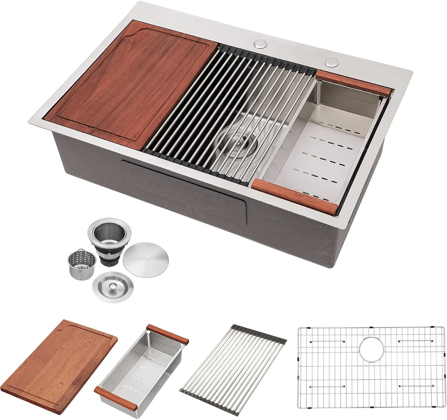 

33 Inch Drop In Kitchen Sink Workstation, T304 Stainless Steel Single Bowl Top Mount Basin