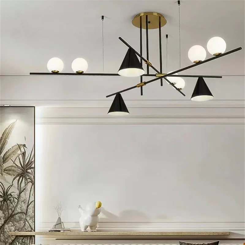 

Retro long geometric chandelier black gold minimalist ball hanging light for kitchen island bedroom led dining table light