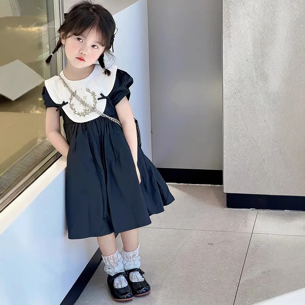 Girls Casual Dresses Flower Embroidered Lapel Bubble Bag Short-sleeved Dress Kids Dresses for Girls 2 To 7 Years