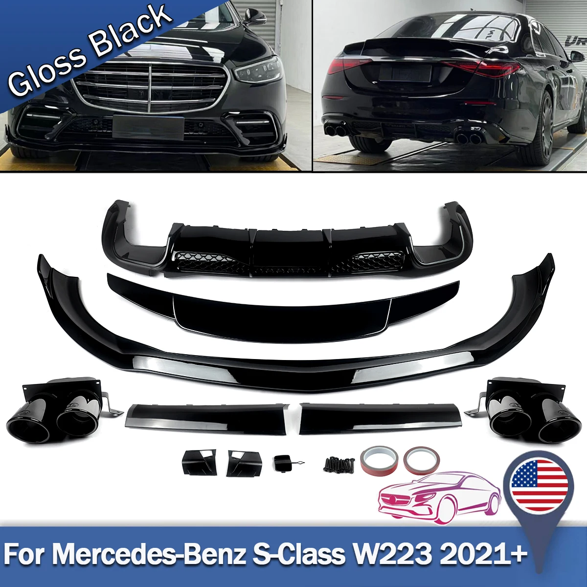 Bs Style Front Lip Rear Diffuser Spoiler For Benz S Class W223 2021-23 Body Kits glossly black