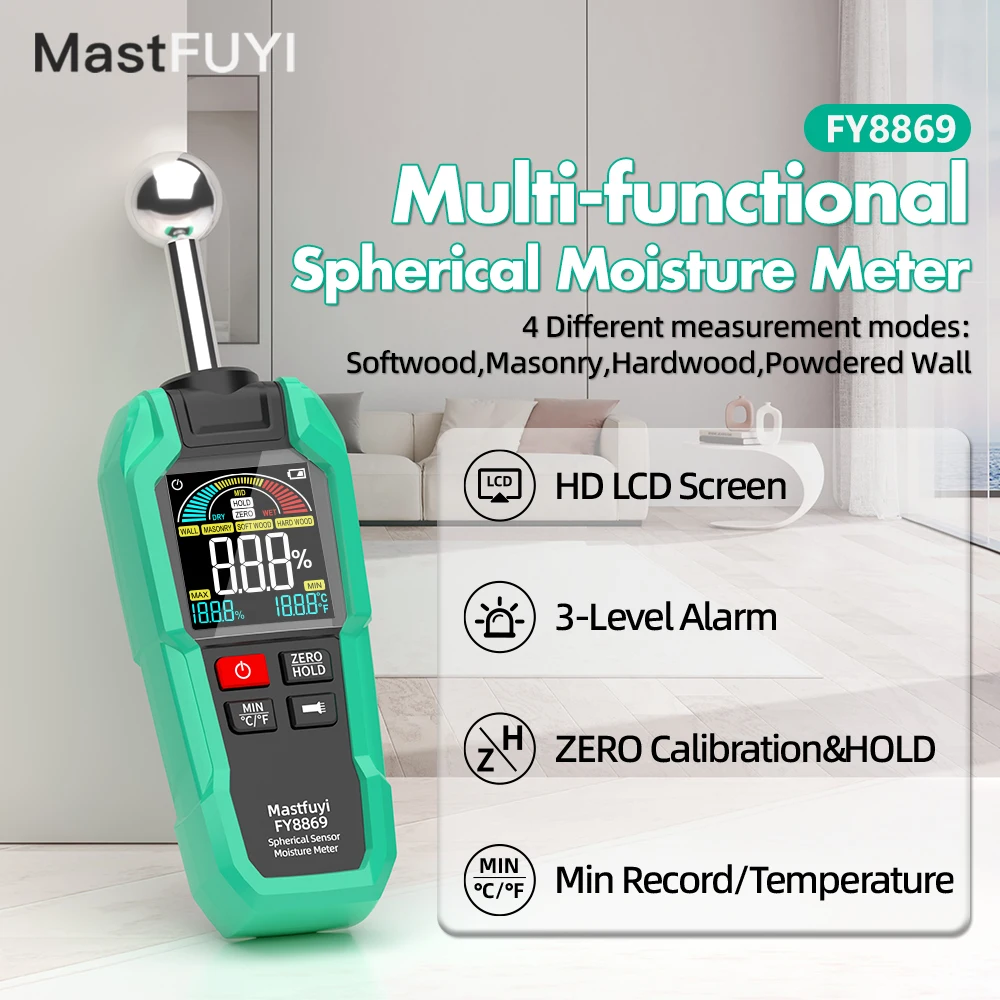 

MASTFUYI Non-destructive Spherical Hygrometer Color Screen Moisture Meter Digital Electromagnetic Wood Humidity Tester